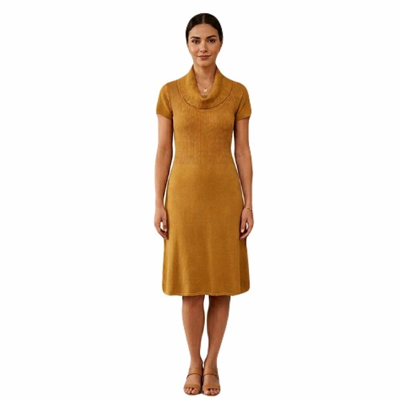 Calvin Klein Dresses & Skirts - Calvin Klein Mustard Yellow Knit Cowl Neck Short Sleeve Sweater Dress Medium